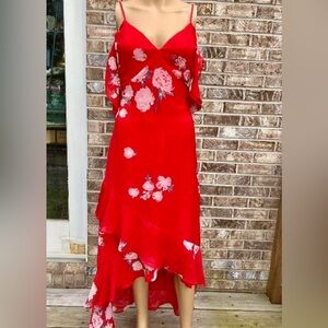 Lulu's Love in Bloom Red Floral Print Off-the-Shoulder High-low Dress Size Small